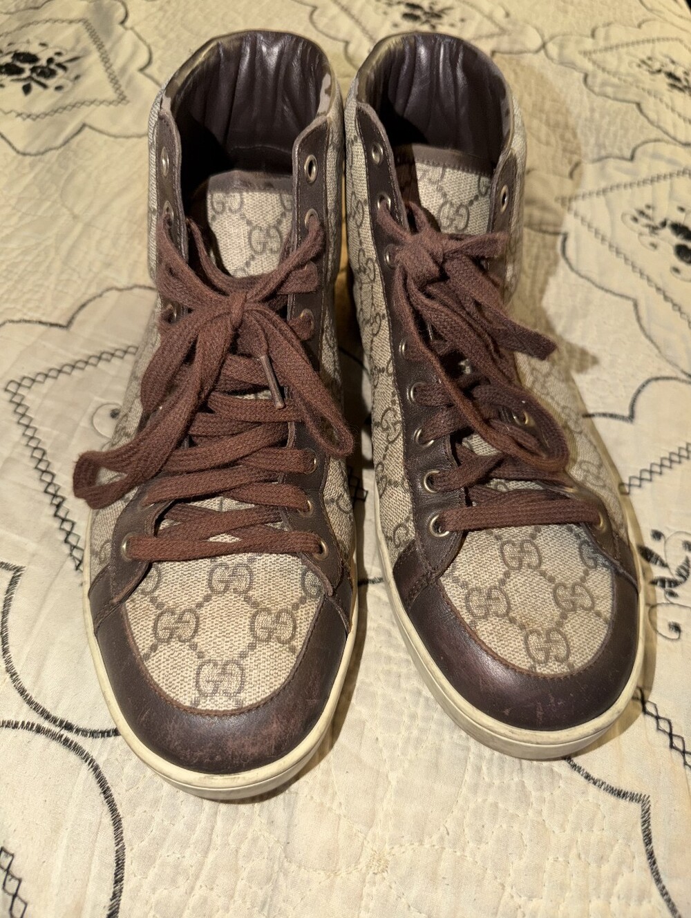 Gucci Brown Logo High-Top Canvas & Leather Sneakers